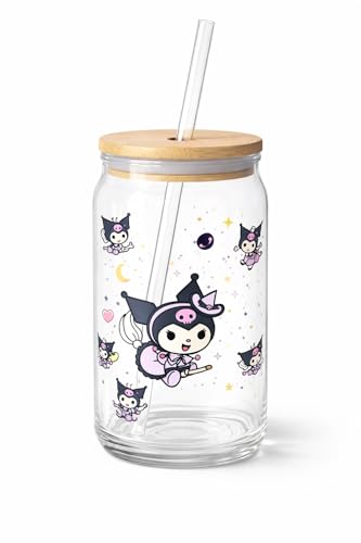Image of THE UMBRELLA STORE Glass Tumbler Bamboo Lid and Straw, Coffee Tumbler, Reusable Glass (Kuromi)