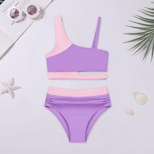 Image of Girls 2 Piece Bathing Suits Kids Color-Blocking High Waist Bikini Set Teen Swimsuit Beach Swimwear for 3-16 Years