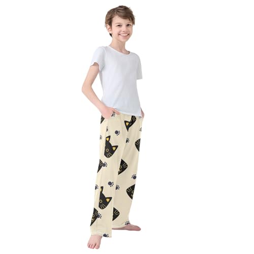 Cat Paw on Beige Boys Pants Boys Athletic Pants Long Pant for Boywith Pockets Wide-Leg Size 6-14Y 7