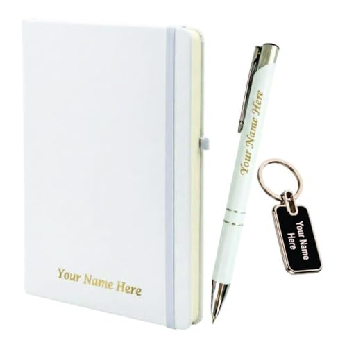 Image of Personalized Diary, Metal Pen & Keychain Set | Size A5-192 Page Writing Journal | Engraved Gift Set for Office, Corporate Events, Diwali, Christmas & Special Occasions | Bestsellers | Perfect For Corporate Gifting (White)