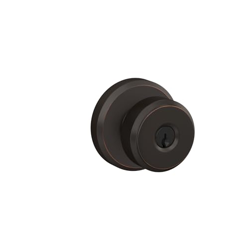 Image of SCHLAGE F51A BWE 716 GSN 619 Bowery Knob with Greyson Trim Keyed Entry Lock, Aged Bronze with Satin Nickel Interior