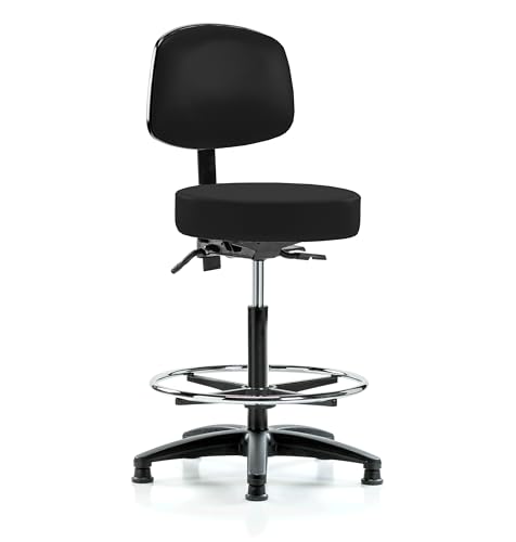 Image of Perch Stationary Height Adjustable Doctor's Stool with Back and Foot Ring | High Bench Height 25-35 inch | Black Fabric