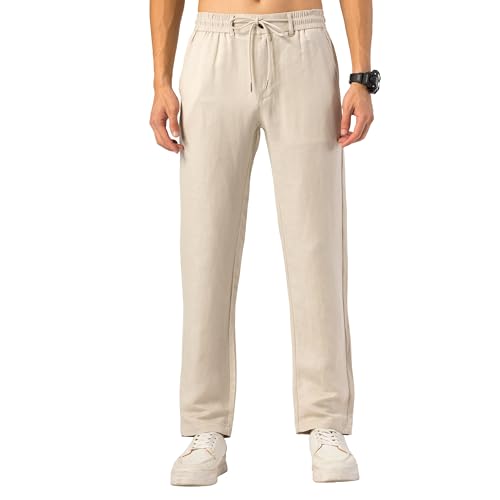 TONY BACKER Pantaloni Lino Uomo Leggero con Tasche Estivo da Yoga Pantaloni Casual da Spiaggia con Coulisse Elasticizzata in Vita F7221 (IT, Misura del girovita, 46, Regular, Regular, Khaki)