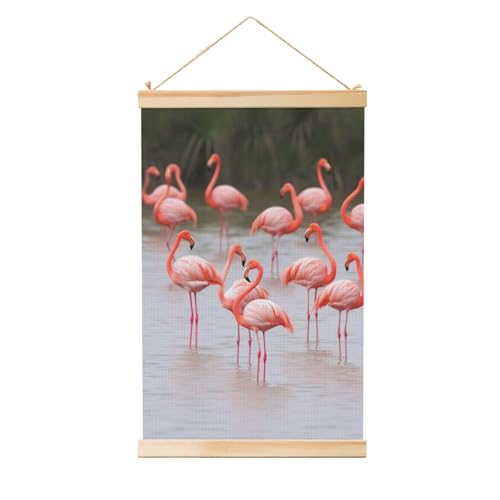 Impression flamants roses sur toile avec cintre en bois 91x61 cm