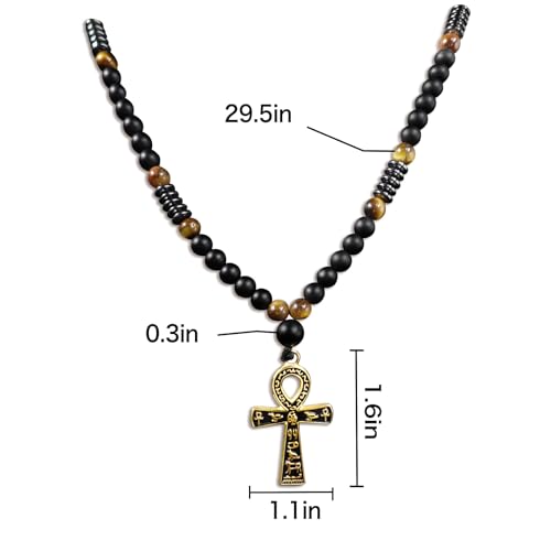 Ankh Cross Pendant Ancient Egyptian Hieroglyphic Symbol of Health and Eternal Life Men Cross Necklace with Tiger Eye Stone Obsidian Hematite Triple Protection Crystal Beads Chain2