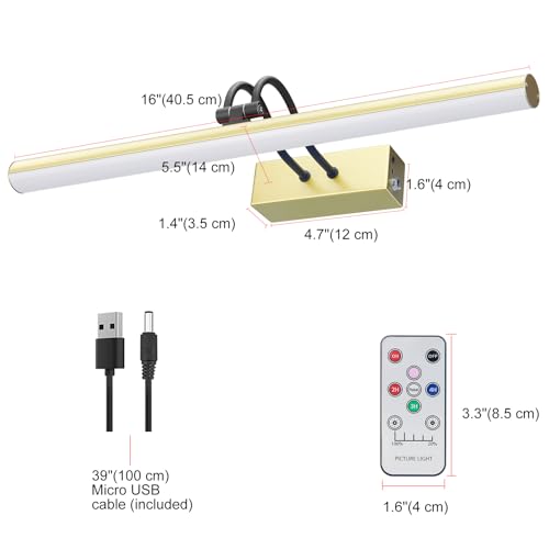 RAIFOOLLY Picture Light,Picture Lights for Wall Cordless,16" Picture Lights with Timer and Dimmable,Battery Wall Lights for Display Gallery Painting Art Frame Portrait(GD+BK)