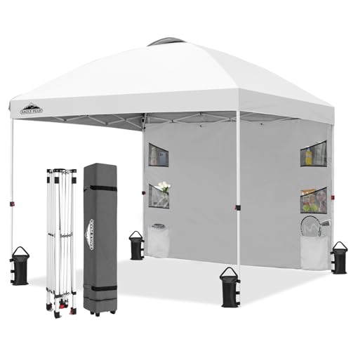 EAGLE PEAK Commercial Canopy 10x10 with Sidewall Storage Easy OnePerson Setup Pop Up Canopy Tent with Roller Bag Stakes Ropes and Weight Bags White