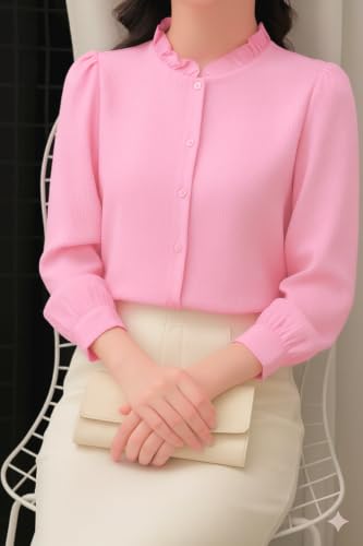 Image of Messica Women Brown Solid Cotton Blend Knitted Top | Ruffle Neck | 3 /4 Sleeve | Regular Fit Casual Office Wear Top