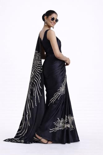 Image of Japan Satin Floral Print Saree for Women with Blouse Piece - Satin Finish Draped Saree