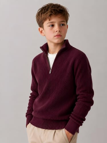 Buy Clothify Boys Quarter Zip Sweater, Ribbed Knit Mock Neck, DK Wine - Image 3