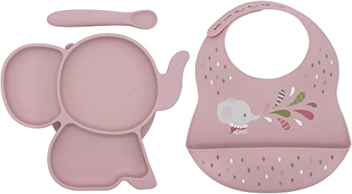 Koko Kids® Silicone 3-Piece Feeding Set for Babies and Toddlers ~ Elephant Suction Plate, Spoon and Bib. (Rosa) Cover