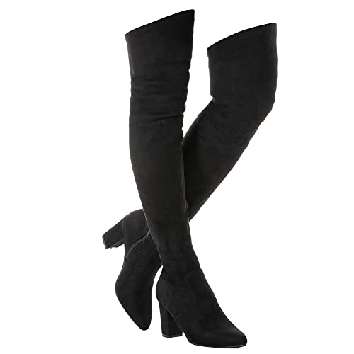 Mtzyoa Women Over The Knee Boots Thigh High Block Heel OTK Stretch Stiletto Heel Pointed Toe