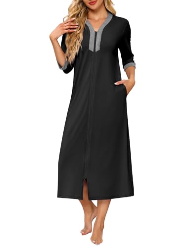 Ekouaer Women's Zipper Robe 3/4 Sleeves Housecoat Full Length Nightgown Soft Loungewear Robe with Pockets(Black, 3X-Large)