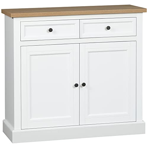 HOMCOM Sideboard Buffet Cabinet, Coffee Bar Cabinet with 2 Drawers and Double Door Cupboard for Kitchen, Living Room, Entryway, White