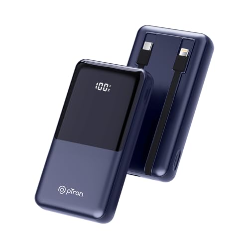 Image of pTron Dynamo Power 20000mAh 22.5W Super Fast Charging, USB Type-C Input Power Bank with Quick Charge & 20W Power Delivery, Built-in Charging Cables, 4 Outputs, Type-C Input /Output Port (Indigo Blue)