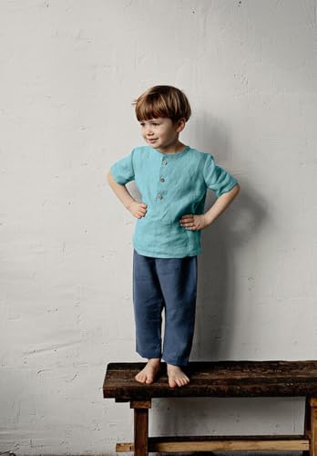 Boys Linen Henley Shirt for Kids Button Down Long Sleeve Dress Shirts Summer Beach Casual T Shirt3