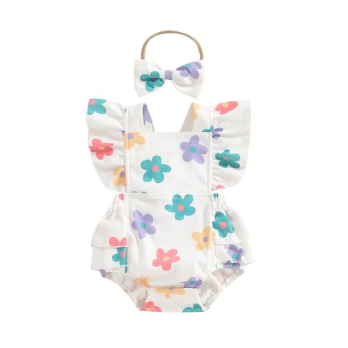 Image of Covvoliy ​Infant Baby Girl Summer Clothes Outfits Cute Print Fly Sleeve Romper Jumpsuit Bodysuit with Headband