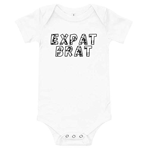 Expat Brat unisex baby bodysuit, babygrow, Onesie, romper - unique design with multi sizes and colours (3-6m, 6-12m, 12-18m,18-24m) (white, blue, pink, yellow, grey)
