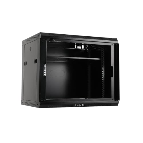 9U armadio rack del server di montaggio a parete con porta di vetro bloccabile, contenitore di stoccaggio della rete in acciaio per l'attrezzatura IT dell'ufficio domestico, ruote e progettazione di v