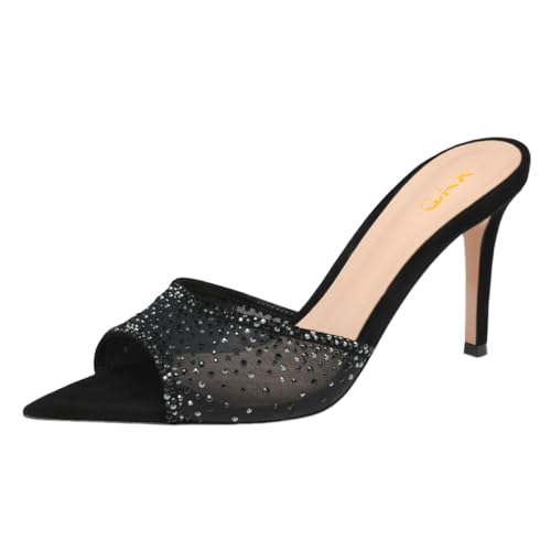 XYD Women Sexy Pointed Open Toe Rhinestones Crystal Slides Sandals High Heel Slip-on Summer Bridal Evening Mesh Shoes