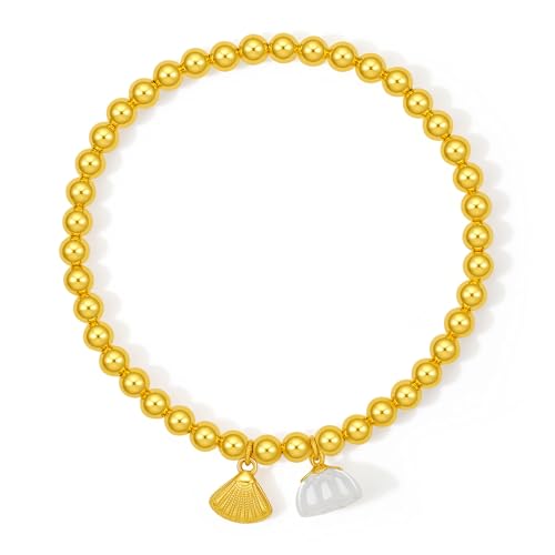 24K Solid Gold Beaded Bracelets White Jade Lucky Lotus Seedpod Stretch Bracelet Pure Gold Shell Charm Bracelet Fashion Jewelry for Women Wife Mom 6.3" Y19136543