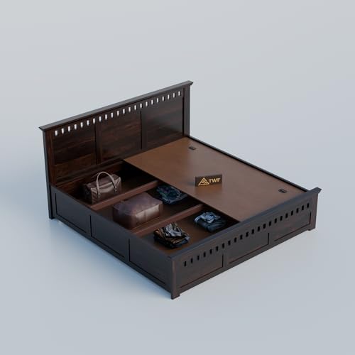 Image of Solid Sheesham Wood King Size Bed with Storage Box | Wooden Double Bed for Bedroom | Kuber Design Double Bed Cot Palang for Home | Rosewood, Walnut Finish