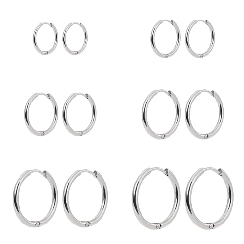 6 Pairs Hoop Earrings Set for Women, 316L Surgical Stainless Steel, Hypoallergenic Cartilage Hoop Earrings for Helix Tragus Conch Piercing Jewelry for Women Men(6-16mm)