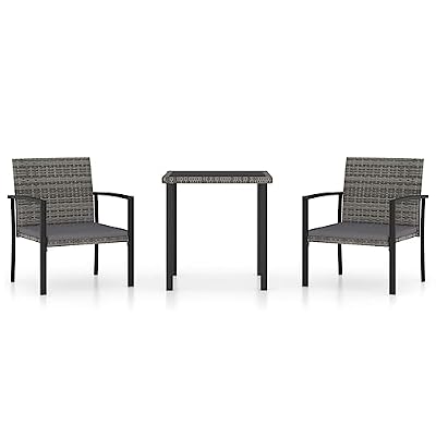 WDSAYREH 3 Piece Poly Rattan Patio Dining Set with Steel Frame, Gray Outdoor Table and Chairs for Garden
