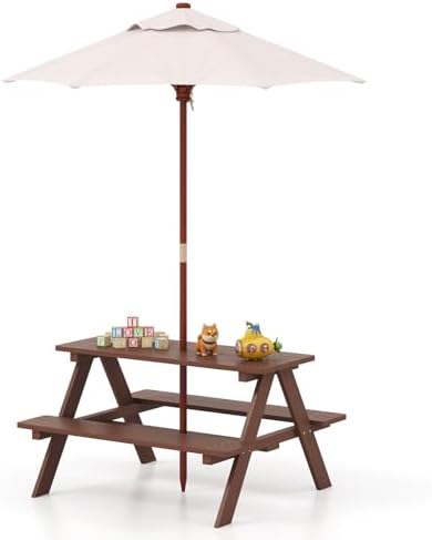 KOTEK Kids Picnic Table with Umbrella Foldable, Wooden Kids Table & Benches for Crafting, Eating & Playing, Outdoor Toddler Activity Table for Backyard, Patio, Garden, Gift for Ages 3-8 (Brown)