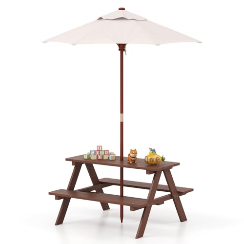 KOTEK Kids Picnic Table with Umbrella Foldable, Wooden Kids Table & Benches for Crafting, Eating & Playing, Outdoor Toddler Activity Table for Backyard, Patio, Garden, Gift for Ages 3-8 (Brown)