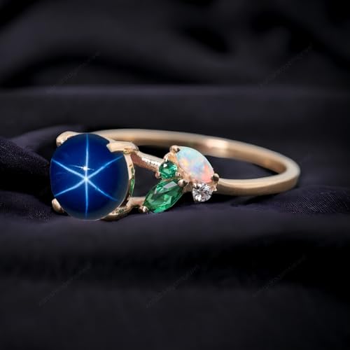 Generic Star Sapphire Ring 6 Ray Blue Gemstone Ring 14K Yellow Gold Ring Emerald Engagement Ring Fire Opal Wedding Jewelry Holiday Gift Ring BY KANISHKA GEMS JEWELS4