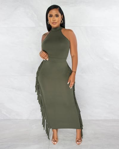 Image of 2 Piece Outfits for Women Sexy Halter Neck Sleeveless Crop Tops Ruched Bodycon Dresses Jumpsuits Fringe Skirt Sets