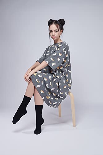 Image of LAMA STORE Women's Printed Oversized T-Shirt Dress, Cotton, 3 /4 Sleeve Length, Casual Loose Fit, Comfort Wear Extra Comfy Oversized Printed Pocket T-Shirt Dress
