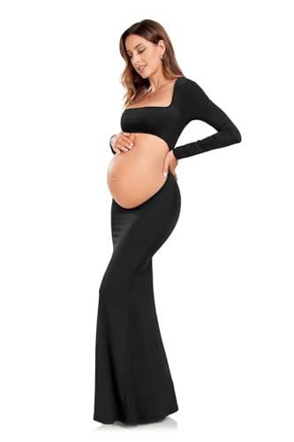 QIAIYALA Vestido de Maternidad para sesión de Fotos, Vestido de Manga Larga Negro, Vientre Abierto, sin Espalda, Vestidos de Embarazo para Mujer, Negro -, M