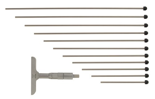 Mitutoyo 129-149 Vernier Depth Gauge, Interchangeable Rods, Micrometer Type, 0-12" Range, 0.001" Graduation, +/-0.00024" Accuracy, 2.5" x 0.63" Base, 12 Rods