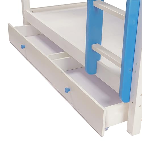 Image of KIDOMATE Mandarin Solid Wood Bunk Bed for Kids with Underbed Storage & Toy Rack | Space-Saving Twin Bed with Guard Rails, Ladder, Safety Design for Boys & Girls Bedroom (Blue, Single Over Single)