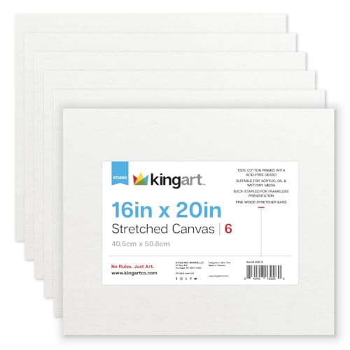 KINGART Stretched White Canvas Set Rectangle 16x20 Inch 6-Pack 100% Cotton Triple Gesso Primed 5/8 Profile Back-Stapled Artist Boards for Acrylic Oil Pouring & Mixed Media Painting