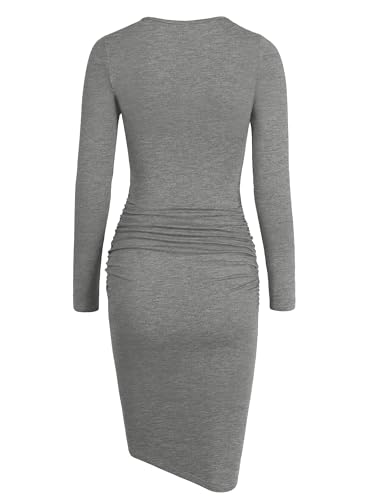 Image of Missufe Women's Long Sleeve Slim Ruched Bodycon Dress 2025 Trendy Fall Casual Round Neck Sheath Knee Length Outfits Clothes