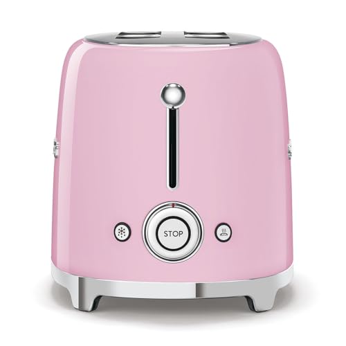 Image of SMEG 4 Slice Toaster TSF02, Long Slot Toaster with Wide Slots for Bagels & Artisan Bread, Retro Stainless Steel, 6 Browning Levels, Defrost Reheat Bagel Functions, 1400W - (Pink)