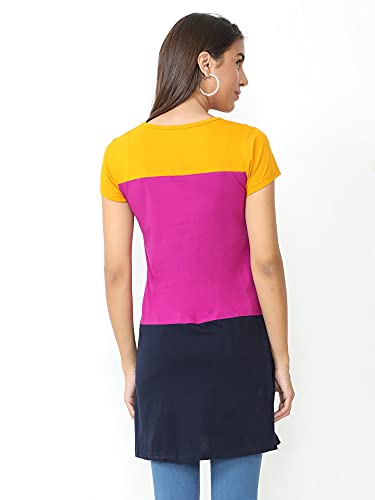 Image of FLEXIMAA Women's Cotton Round Neck Color Block Half Sleeve Long Top