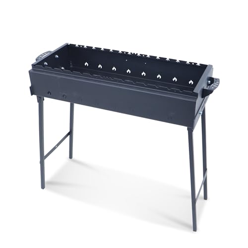 SchaschlykOFF Barbacoa plegable Mangal 70 cm | Acero 2 mm | Plegable | Para 12 Pinchos | Incluye Pinzas para Barbacoa | Barbacoa de carbón vegetal
