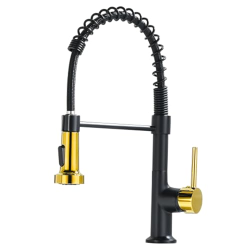 JTDISHI Commercial Black and Nickel Gold Stainless Steel Kitchen Faucet with Pull Out Sprayer Single Handle Single Lever Kitchen Sink Faucet