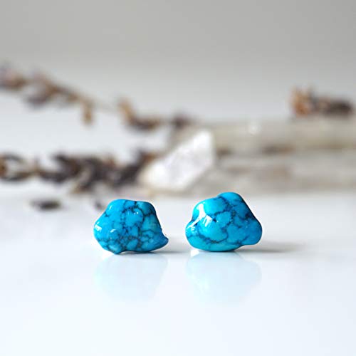 Natural Genuine Asymmetrical Round Raw Turquoise Studs Earrings Sterling Silver Fine Jewelry For Girl Women Gift - Gemstone Classic Design