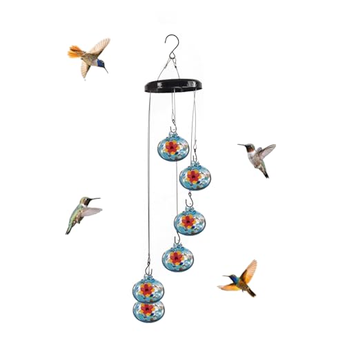 Decorative Glass Wind Chime Type Hummingbird Feeder Hanging Type, Blue with red Floral Design, 6 Hanging Spheres, ant Proof and Sealed, Perfect for Outdoor Garden Decoration.