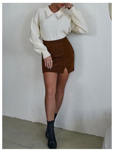 Image of Verdusa Women's Old Money Cable Knit Rhinestone Decor Knit Top Crew Neck Lapel Collar Lantern Sleeve Drop Shoulder Pullover Cropped Sweaters