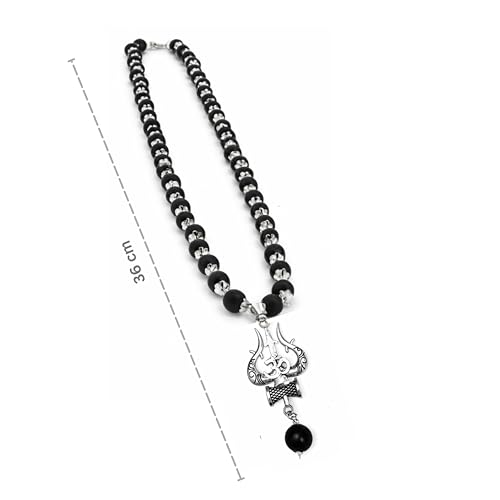 Image of Karungali Malai 8mm Certified with Divine Om Shiv Trishul Pendant Silver Plated Original | 54 Beads Authentic Black Ebony Wood Mala with German Silver Cap for Men & Women | Spiritual Protection Necklace, Lord Shiva & Murugan Blessings - 1 Piece