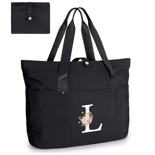 CALLPIONEER Bolsa feminina inicial, bolsa dobrável com zíper, estilo carta personalizada, bolsa de presente, bolsa de ombro para viagem, trabalho, Preto, Medium