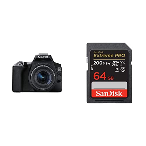 Canon EOS 200D II 24.1MP Digital SLR Camera + EF-S 18-55mm f4 is STM Lens (Black) & SanDisk Extreme Pro SD UHS I 64GB Card for 4K Video for DSLR and Mirrorless Cameras 200MB/s Read & 90MB/s Write