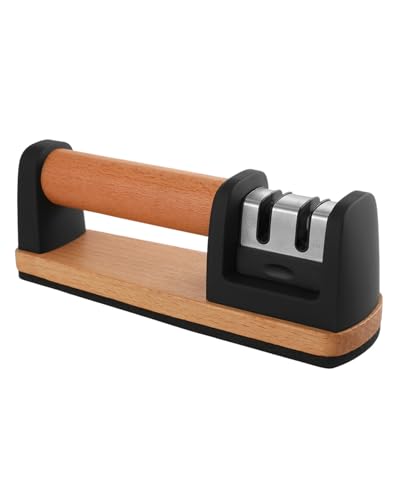 Afilador de cuchillos manual profesional con base antideslizante y mango de madera, afilador de cocina de tungsteno, cerámica y acero inoxidable, herramienta de restauración de cuchillas