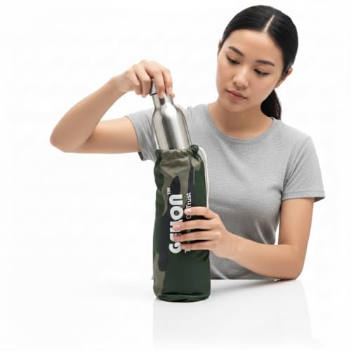 Image of Gellon Bottle Cover In Umbrella Cloth For 750 ML, 1 L to 1.5 Litre Water Proof Drawstring Closer For Travel, Hiking, Office & School Kids In Black Color (Dark Military)